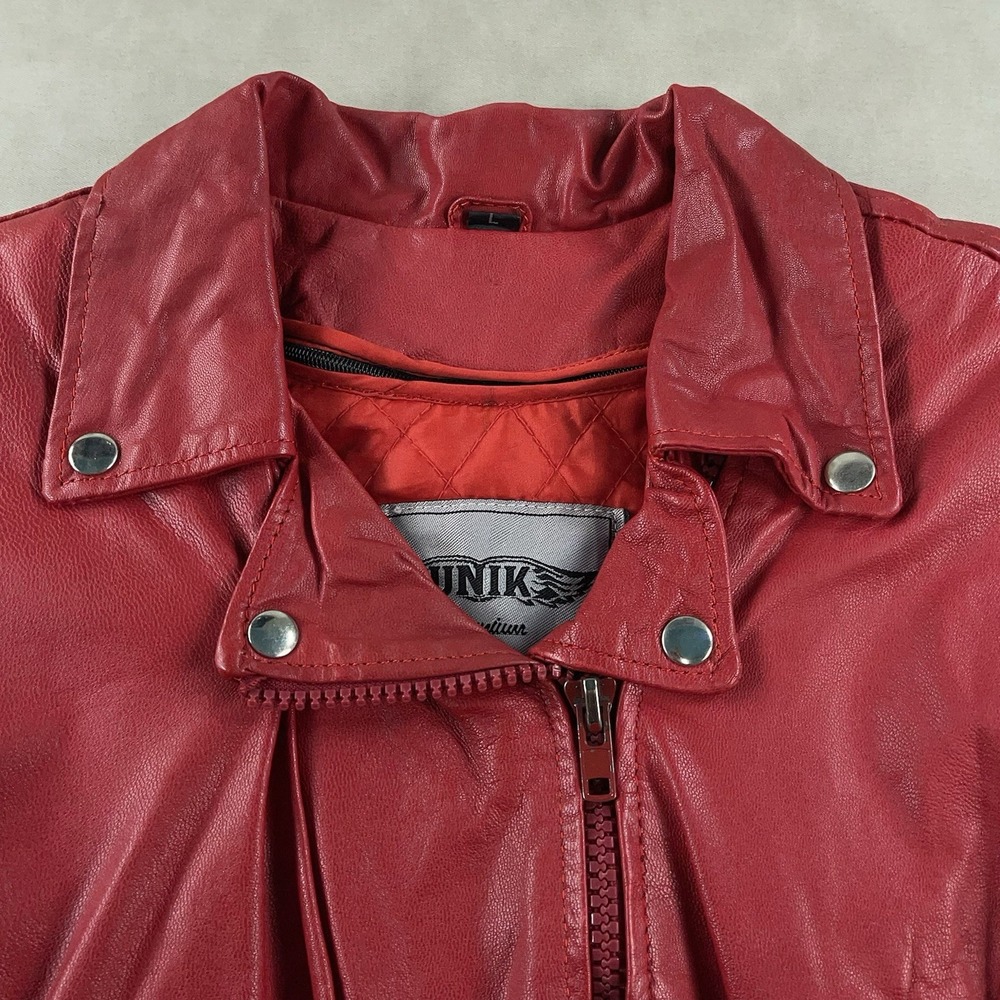 Unik Ultra Red Womens Leather Motorcycle Jacket Removable Liner Large Braid Trim - Picture 8 of 16